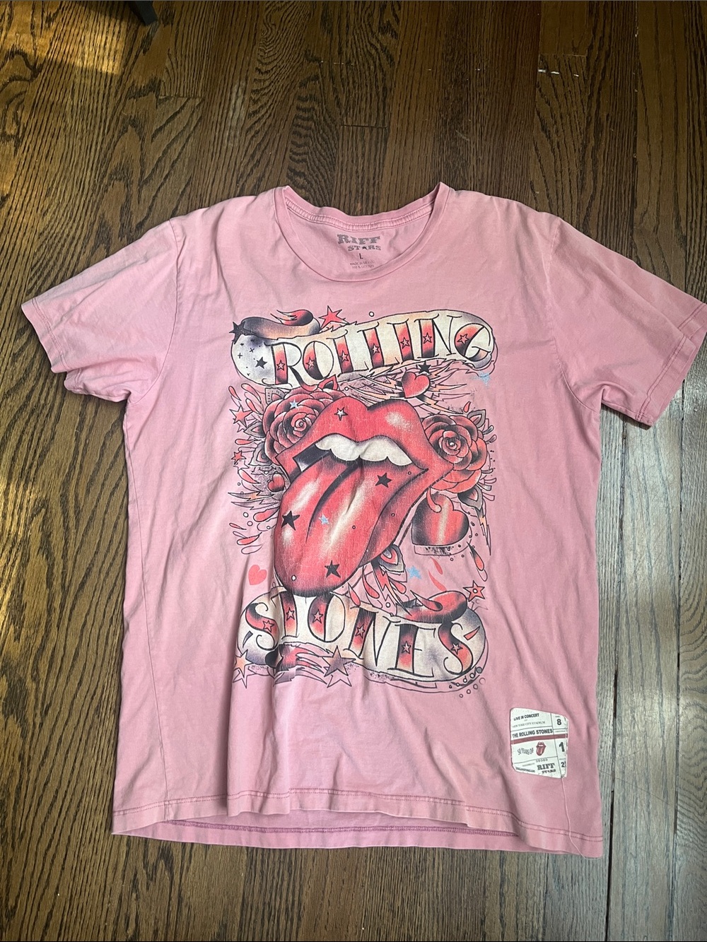 Rolling Stones Pink Graphic Tee with Tongue-and-Roses Artwork